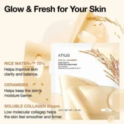 Anua Rice 70 Glow Collagen Mask, maska, kolagenowa, 4 szt