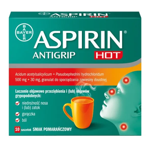 Aspirin Antigrip Hot, 500 mg + 30 mg, granulat do sporządzania zawiesiny doustnej, 10 szt.