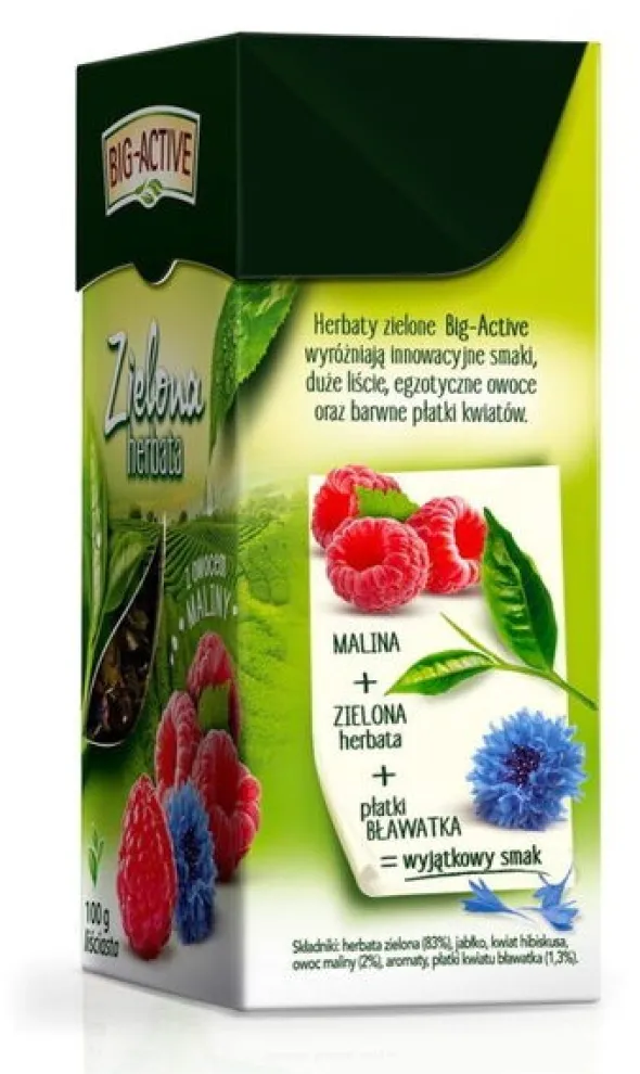 Big-Active, Zielona herbata z maliną, liściasta, 100 g