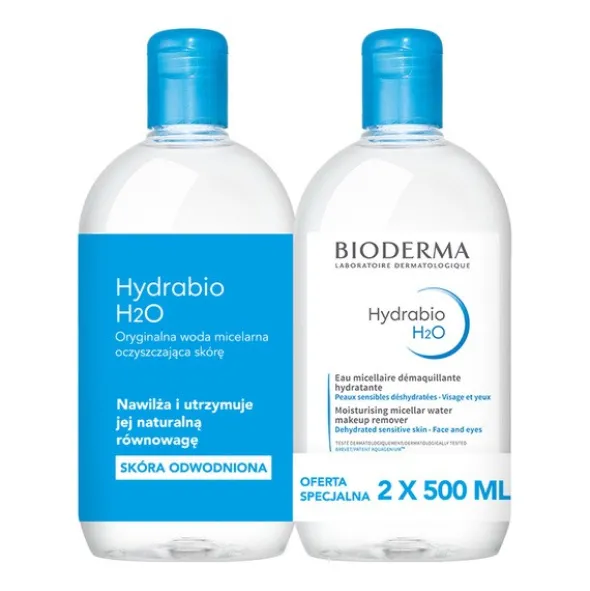 Bioderma Hydrabio H2O, nawilżająca woda micelarna do oczyszczania twarzy i zmywania makijażu, 500 ml x 2 szt.