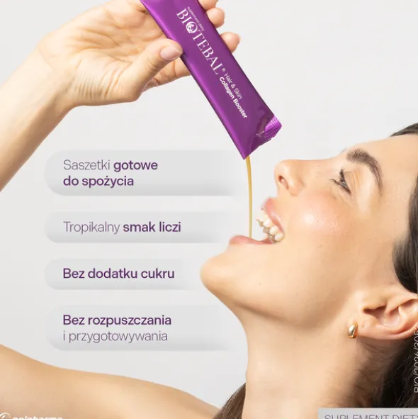 Biotebal Hair & Skin Collagen Booster, saszetki z płynem, Exotic Lychee, 25 ml x 30 szt.