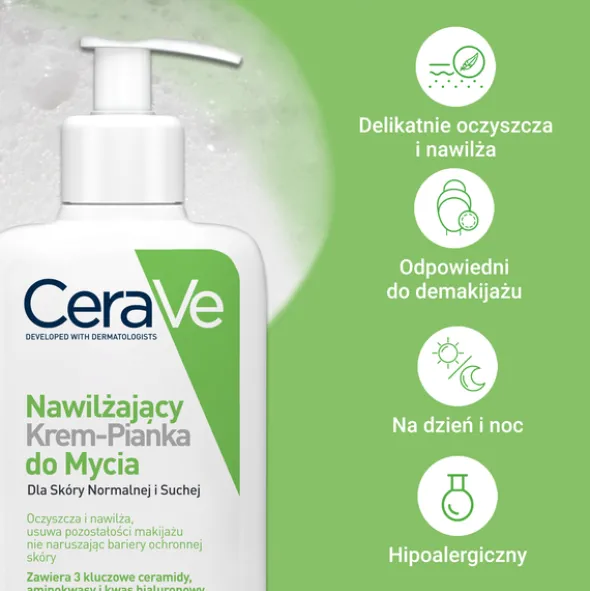 CeraVe, krem-pianka do mycia twarzy i demakijażu dla skóry normalnej i suchej, 236 ml