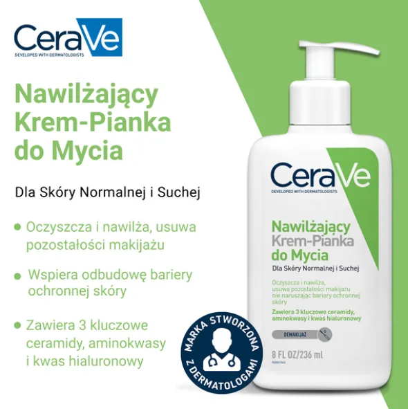CeraVe, krem-pianka do mycia twarzy i demakijażu dla skóry normalnej i suchej, 236 ml