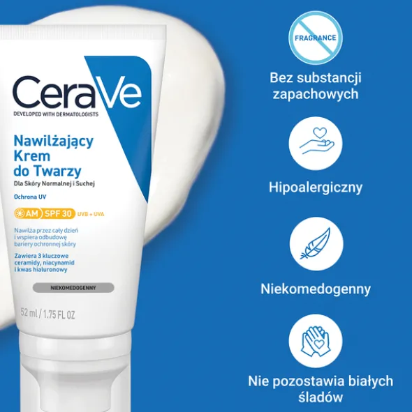CeraVe, nawilżający krem do twarzy SPF 30, 52 ml