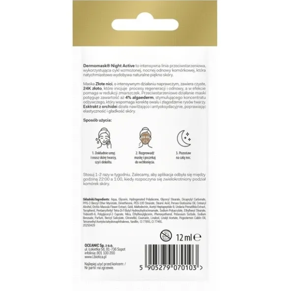 Dermomask Night Active, Złote Nici, maseczka naprawcza, 12 ml, 1 saszetka
