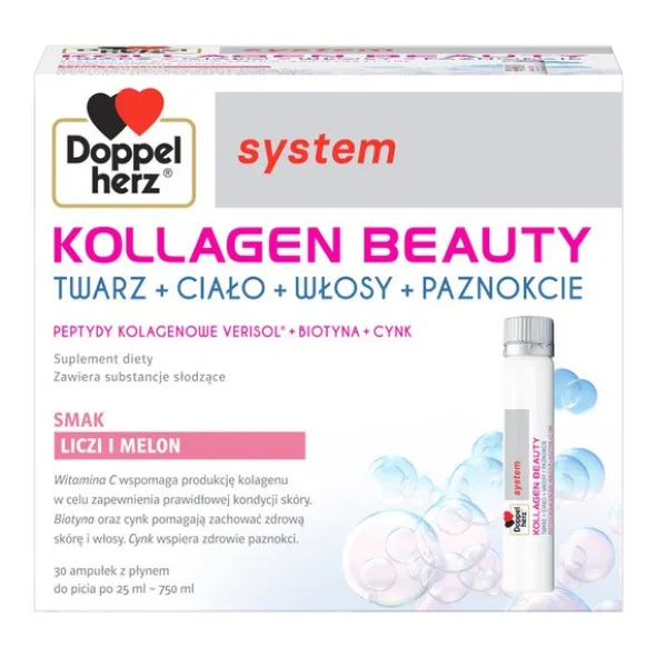 Doppelherz system Kollagen Beauty, ampułki z płynem, smak liczi i melon, 25 ml x 30 szt.