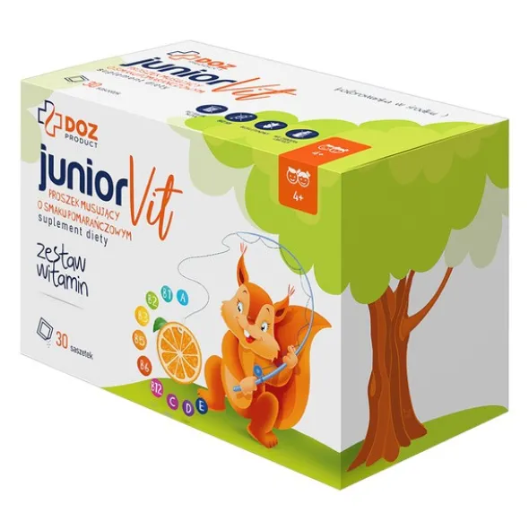 DOZ Product JuniorVit, saszetki z proszkiem musującym, smak pomarańczowy, 30 szt.