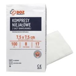 DOZ PRODUCT, kompresy niejałowe z gazy bawełnianej, 17-nitkowe, 8-warstwowe, 7,5 cm x 7,5 cm, 100 szt.