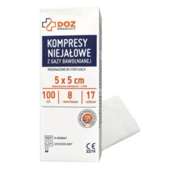 DOZ PRODUCT, kompresy niejałowe z gazy bawełnianej, 17-nitkowe, 8-warstwowe, 5 cm x 5 cm, 100 szt.