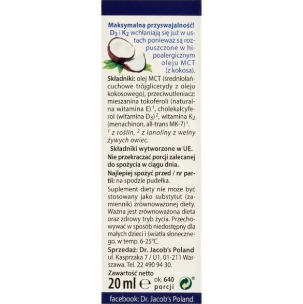 Dr Jacob's Medical, Witamina D3K2 Forte, krople, 20 ml