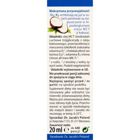Dr Jacob's Medical, Witamina D3 K2, krople, 20 ml