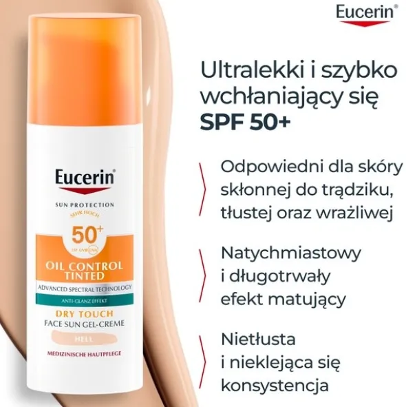 Eucerin Oil Control SPF 50+, żel-krem ochronny barwiący, 50 ml