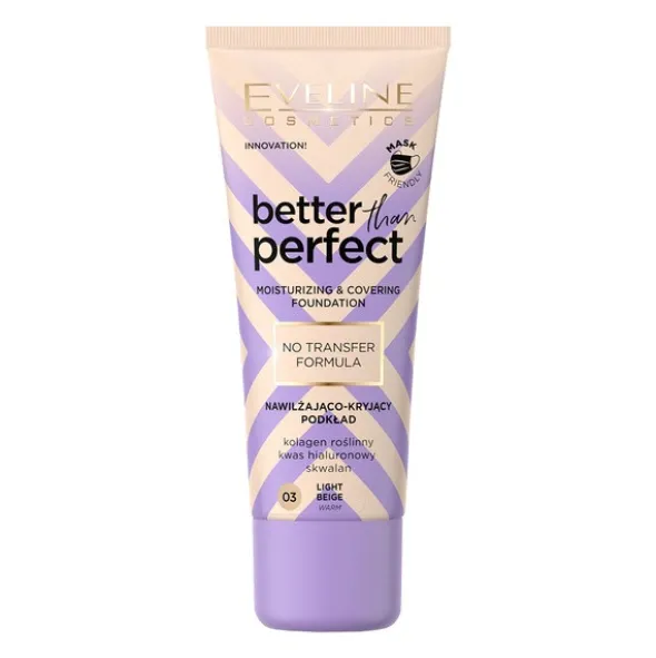 Eveline Cosmetics Better Than Perfect, nawilżająco-kryjący podkład z formułą No Transfer, 03 Light Beige, 30 ml