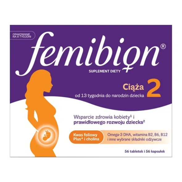 Femibion 2 Ciąża 13. - 40. tydzień Kwas Foliowy Plus, tabletki powlekane + kapsułki miękkie, 56 szt. + 56 szt.