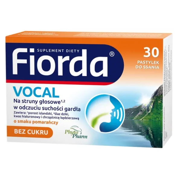 Fiorda Vocal, pastylki do ssania bez cukru, smak pomarańczowy, 30 szt.