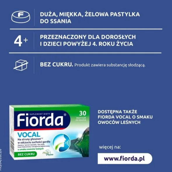 Fiorda Vocal, pastylki do ssania bez cukru, smak pomarańczowy, 30 szt.