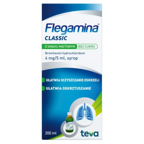 Flegamina, 4 mg/5 ml, syrop o smaku miętowym, bez cukru, 200 ml