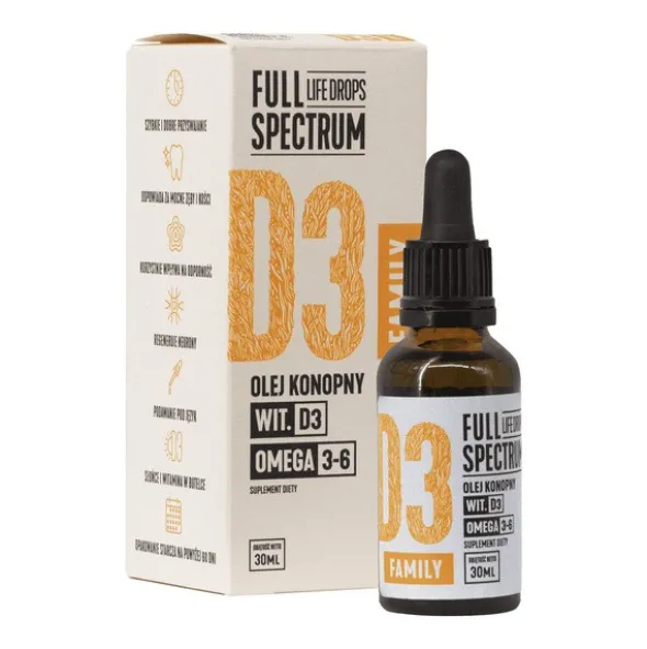 Full Spectrum, Witamina D3 FAMILY, olej konopny, krople, 30 ml