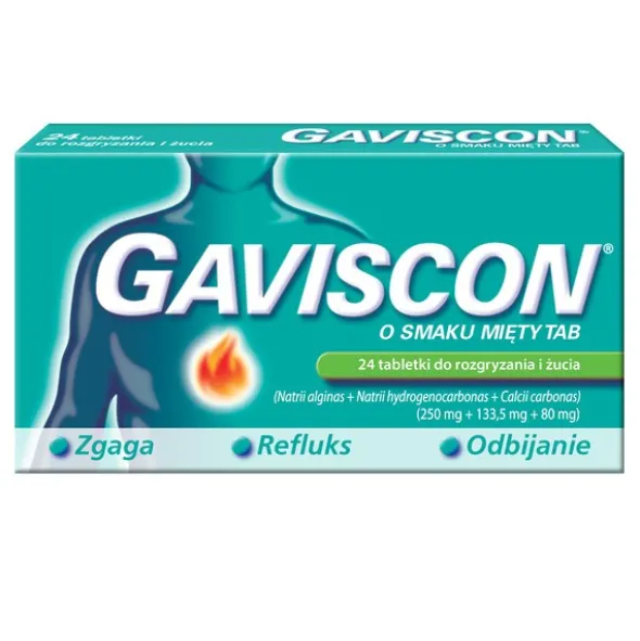 Gaviscon o smaku mięty TAB, tabletki do rozgryzania, żucia, 24 szt.