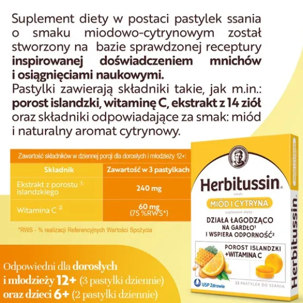 Herbitussin, pastylki do ssania, smak miód i cytryna, 12 szt.