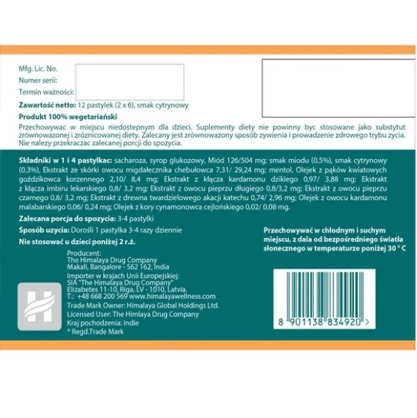 Himalaya Koflet-H, pastylki do ssania, cytrynowe, 12 szt.
