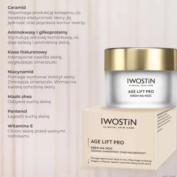 Iwostin Age Lift Pro, krem z ceramidami, aminokwasami i kwasem hialuronowym, na noc, 50 ml