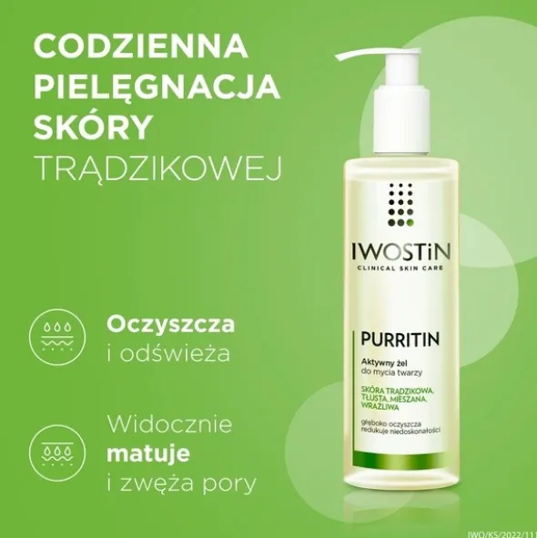Iwostin Purritin, aktywny żel do mycia twarzy, skóra tłusta i trądzikowa, 150 ml