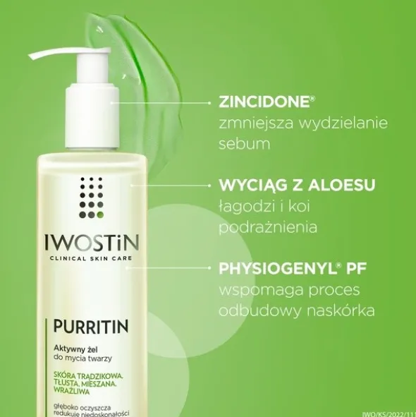 Iwostin Purritin, aktywny żel do mycia twarzy, skóra tłusta i trądzikowa, 150 ml
