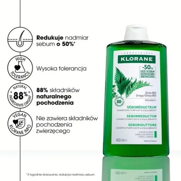 Klorane, seboregulujący szampon z organiczną pokrzywą, 400 ml