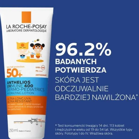 La Roche-Posay Anthelios UVMUNE 400 DP, nawilżające mleczko do twarzy i ciała dla dzieci, SPF 50+, 250 ml