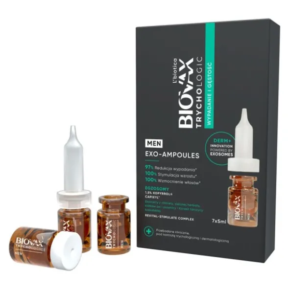 L'biotica Biovax Trychologic Exo-Ampoules Men Wypadanie i Gęstość, kuracja przeciw wypadaniu włosów dla mężczyzn, 7 x 5 ml
