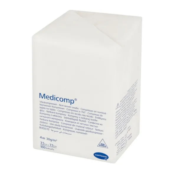 Medicomp, niejałowe kompresy z włókniny, 7,5 cm x 7,5 cm, 4W, 100 szt.
