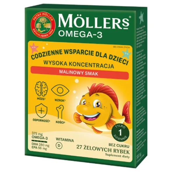 Mollers Omega-3 Rybki Wysoka Koncentracja, żelki, smak malinowy, 27 szt.