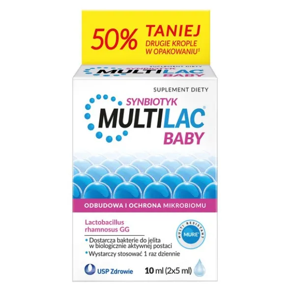 Multilac Baby, krople, synbiotyk (probiotyk + prebiotyk), 2x5 ml