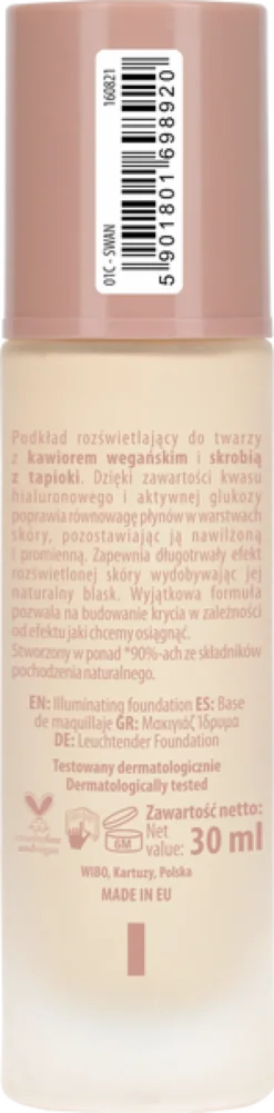 NAM Dewy Foundation, rozświetlający i nawilżający podkład, 1C Swan, 30 ml