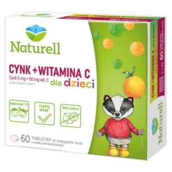 Naturell Cynk + Witamina C dla dzieci, tabletki do rozgryzania i żucia, smak pomarańczowy, 60 szt.