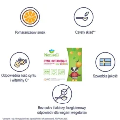 Naturell Cynk + Witamina C dla dzieci, tabletki do rozgryzania i żucia, smak pomarańczowy, 60 szt.