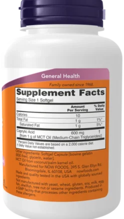 Now Foods Caprylic Acid 600mg, kapsułki, 100 szt.