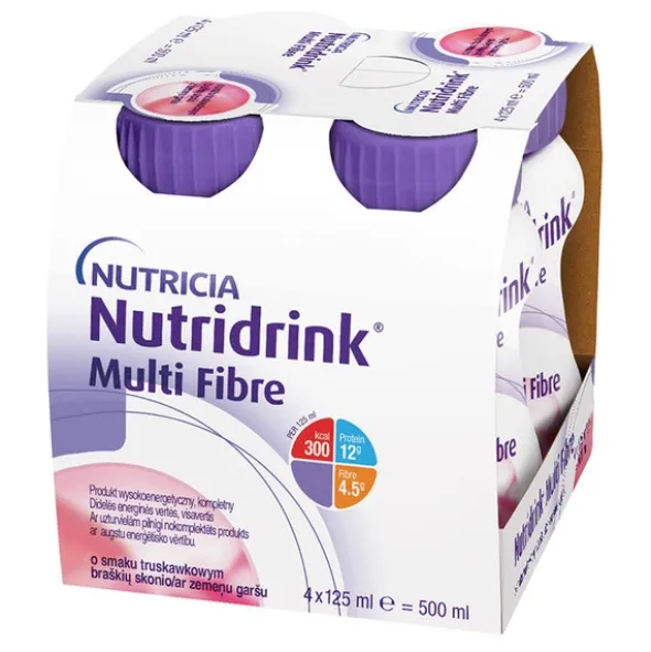 Nutridrink Multi Fibre, smak truskawkowy, płyn, 4 x 125 ml