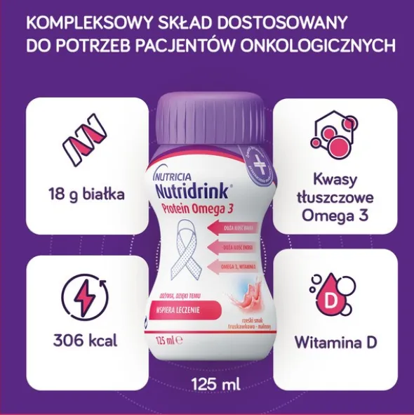 Nutridrink Protein Omega 3, płyn rześki smak truskawkowo-malinowy, 4 x 125 ml
