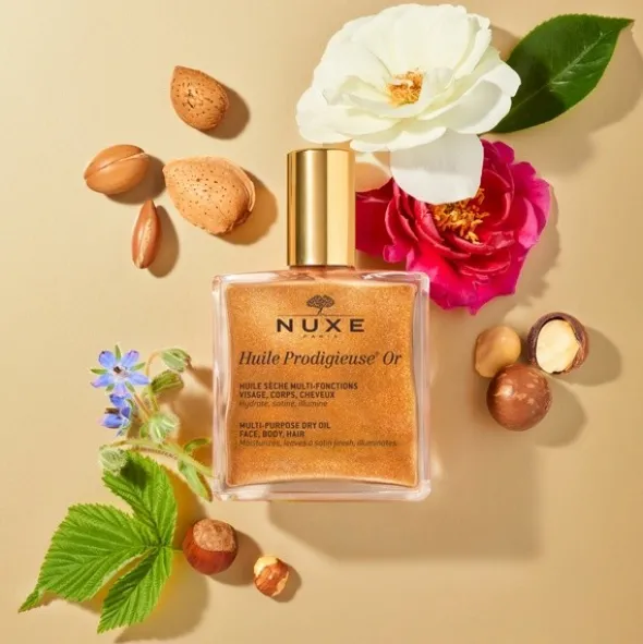 Nuxe Huile Prodigieuse OR, suchy olejek ze złotymi drobinkami do twarzy, ciała i włosów, 100 ml