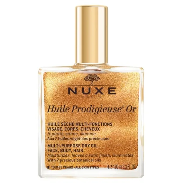 Nuxe Huile Prodigieuse OR, suchy olejek ze złotymi drobinkami do twarzy, ciała i włosów, 100 ml