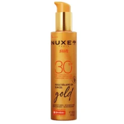 Nuxe Sun, rozświetlający olejek do opalania twarzy i ciała z drobinkami, SPF30, 150 ml