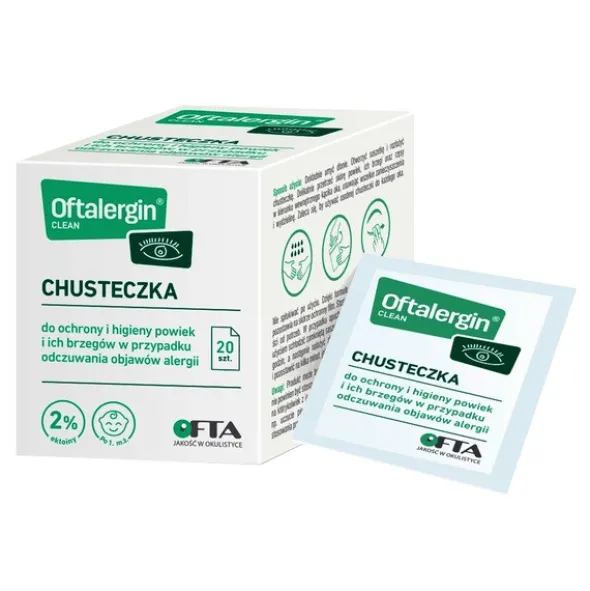 Oftalergin Clean, chusteczki do ochrony i higienypowiek i ich brzegów w przypadku odczuwania objawów alergii, 20 szt.