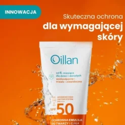 Oillan Sun, ochronna emulsja przeciwsłoneczna do twarzy i ciała SPF50 do skóry wrażliwej, 100 ml
