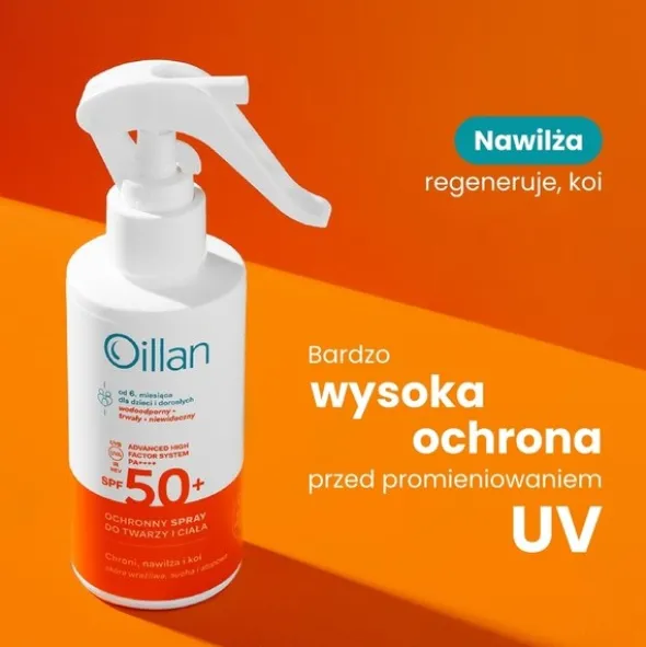 Oillan Sun, ochronny spray przeciwsłoneczny do twarzy i ciała SPF50+ do skóry wrażliwej, 125 ml