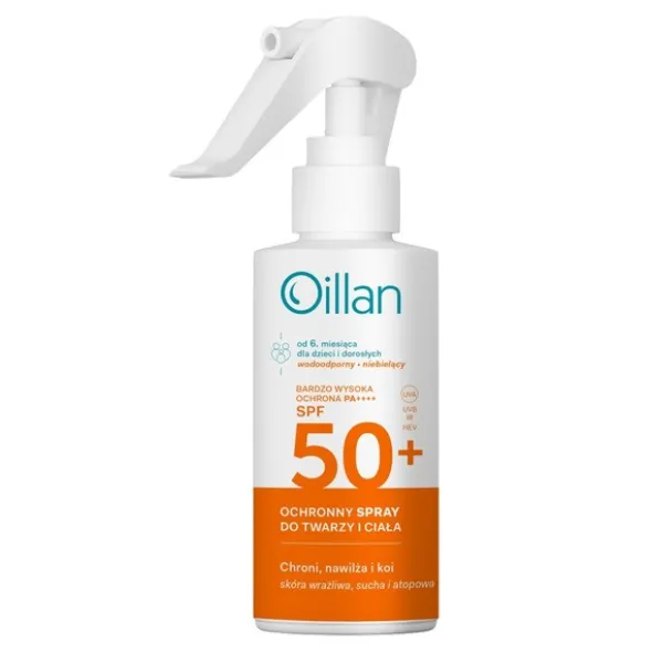 Oillan Sun, ochronny spray przeciwsłoneczny do twarzy i ciała SPF50+ do skóry wrażliwej, 125 ml