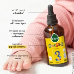 Olini, Omega-3, płyn, o smaku jagodowo-malinowym, dla dzieci, 100 ml