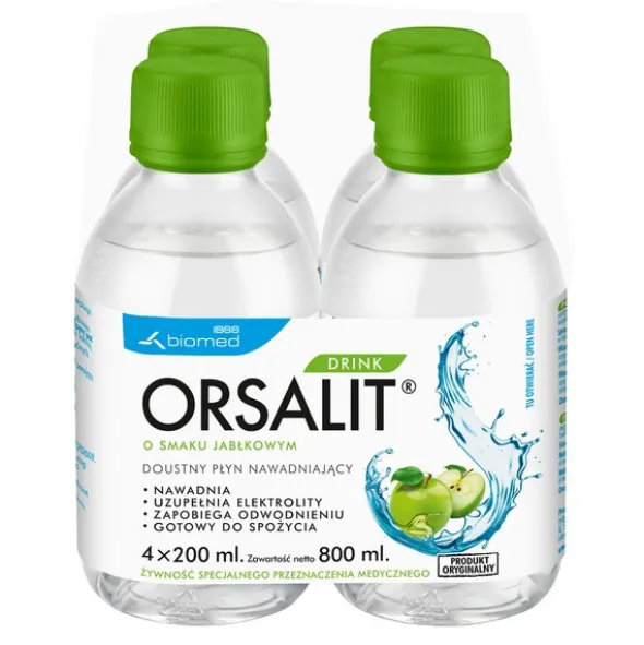 Orsalit Drink, doustny płyn nawadniający o smaku jabłkowym, 800 ml (4 x 200 ml)