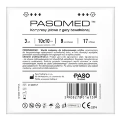 Pasomed, Kompresy gazowe jałowe, 17-nitkowe, 8-warstwowe, 10 cm x 10 cm, 3 szt.